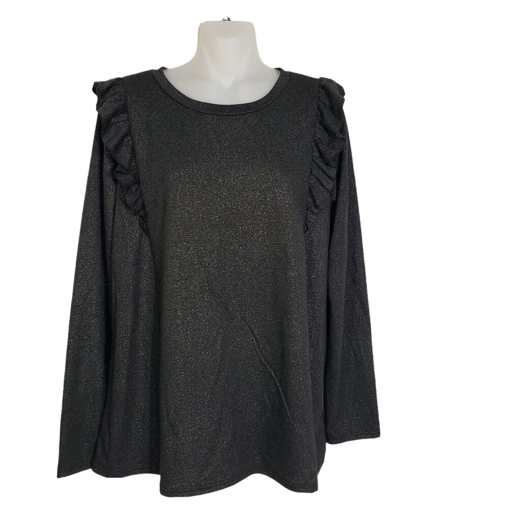 Flamingo Urban Womens Top Size Large Ruffles Black Shimmer Pullover Long Sleeve